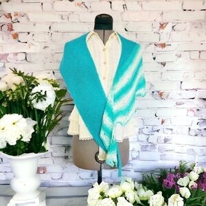 One Of A Kind Hand Knit Teal And White Shawlette With Faux Pearls